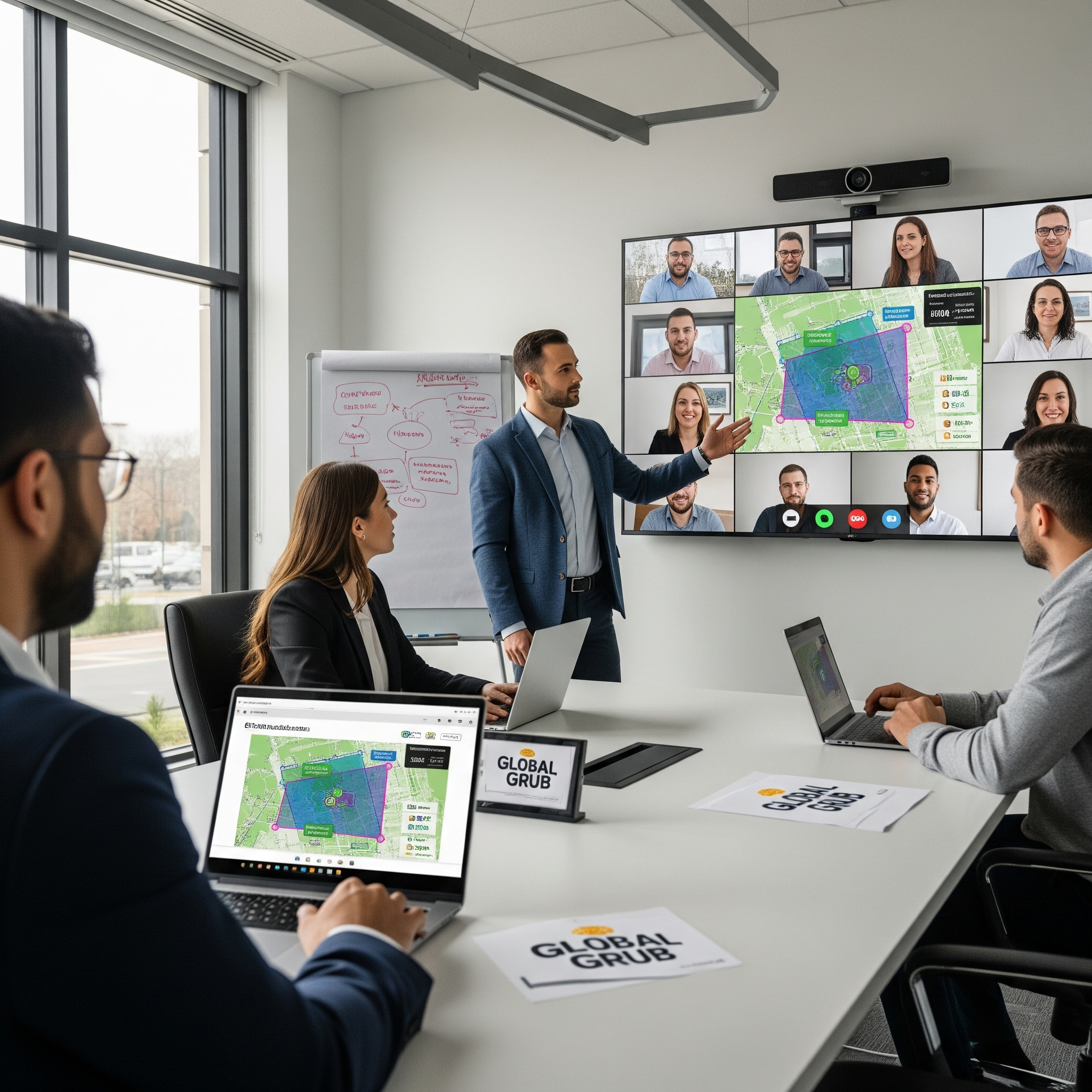image of a corporate franchise marketing team showing their franchise owners via video conference about geofence advertising in a presentation Qujam