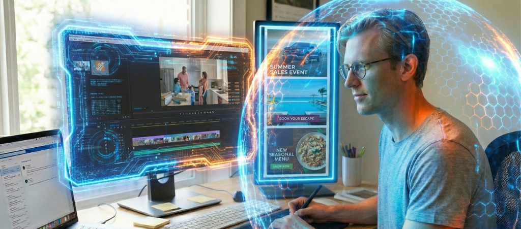 graphic designer editing and creating banner ads for qujam geofencing