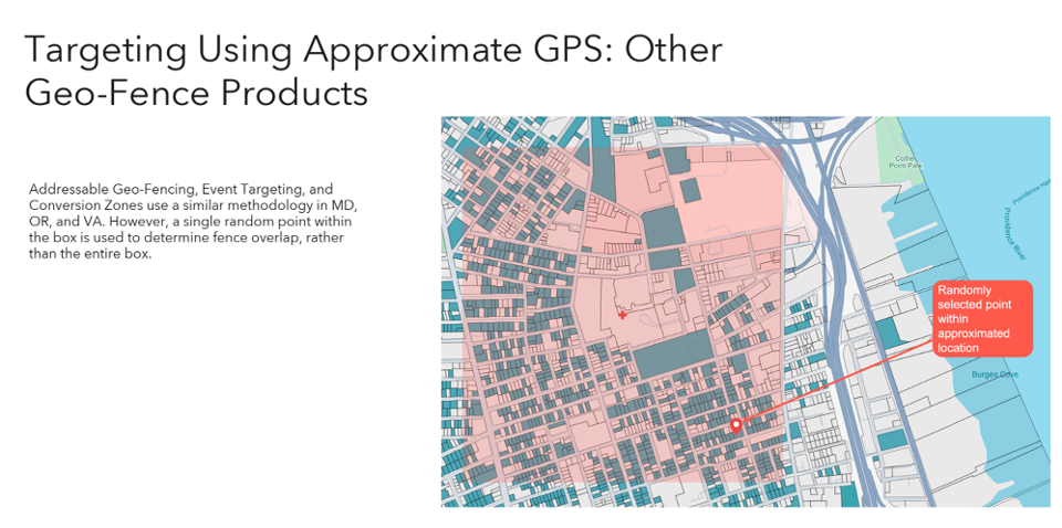 qujam md, or, and va targeting using approximate GPS, AGF, Event, and Conversion Zones