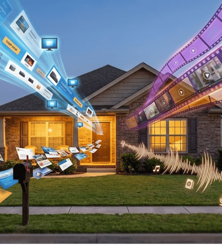 direct mail and geofence advertising video display and audio ads converging on a house