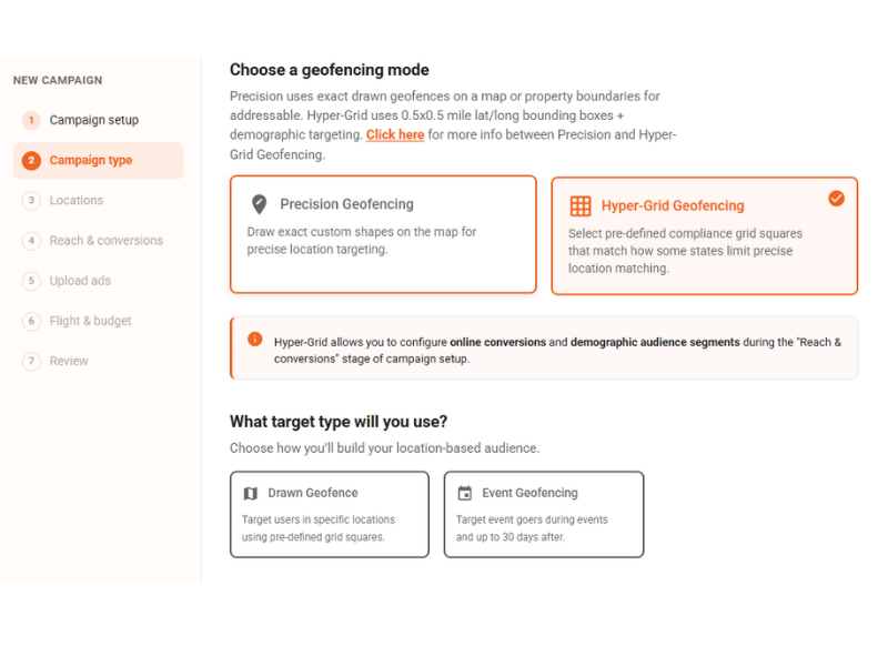 Qujam campaign type step showing hyper-grid geofencing selected