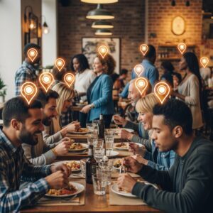 image of people dinning in a casual restaurant with orange location pins over top of them to indicate they are being targeted with geofence ads Qujam