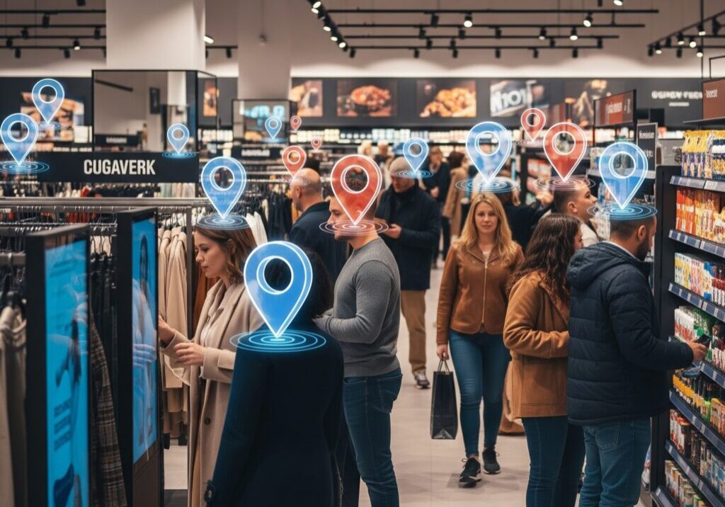 shoppers in a store with location pins over top of them to represent that they are being geofence targeted with ads Qujam