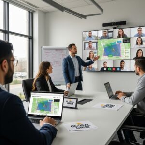 image of a corporate franchise marketing team showing their franchise owners via video conference about geofence advertising in a presentation Qujam