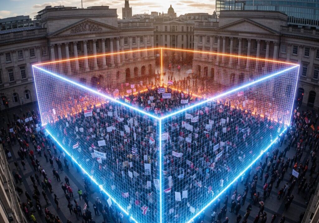 realistic image of a blue and orange geofence around a political rally Qujam