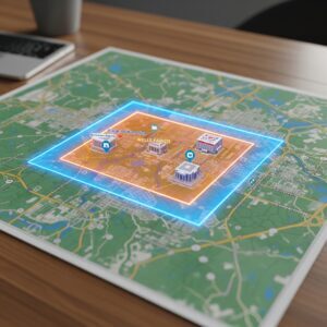 realistic image of a blue and orange geofence over top of multiple banks on a map Qujam