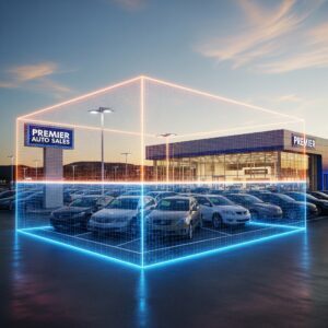 realistic image of a blue and orange geofence over an auto dealership Qujam