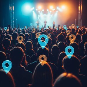realistic medium shot image of a blue and orange location pins over top of people at a concert