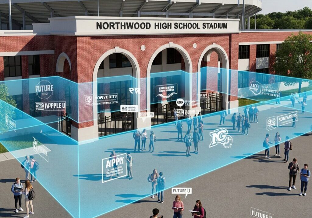 high school stadium with students and a geofence overlap on them to represent that universities are targeting high school students with geofencing ads Qujam