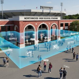 high school stadium with students and a geofence overlap on them to represent that universities are targeting high school students with geofencing ads Qujam