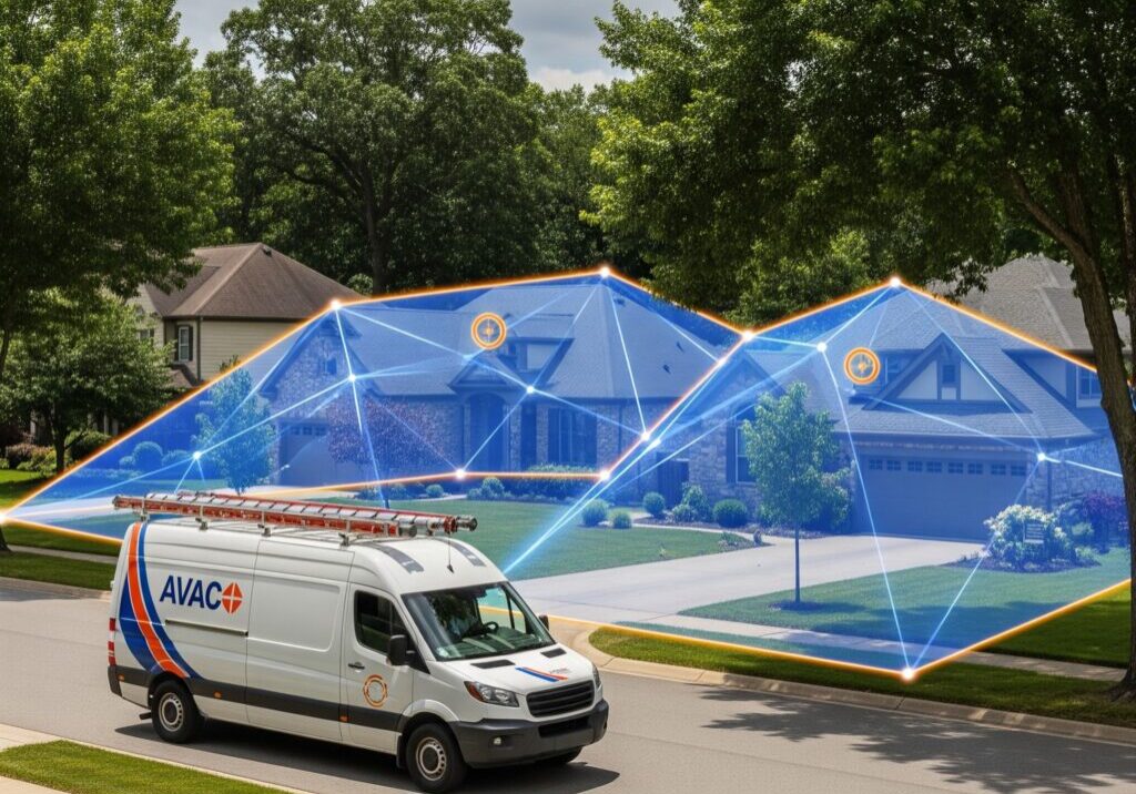 HVAC van driving in a neighborhood with a blue and orange geofence overlap on the houses it's passing to represent geofence advertising for the HVAC company Qujam