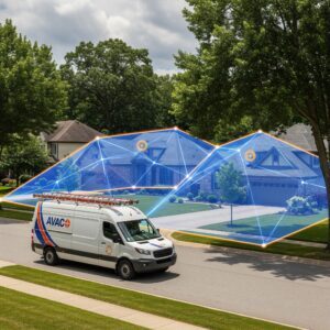 HVAC van driving in a neighborhood with a blue and orange geofence overlap on the houses it's passing to represent geofence advertising for the HVAC company Qujam