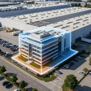 image of an aerial view of an industrial business where there is a blue and orange geofence around the office part of the building only qujam