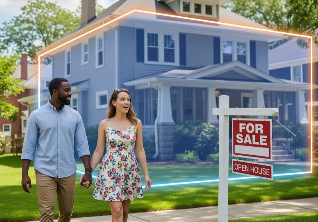 couple walking towards an open house with a for sale sign in the yard and the house has a blue and orange geofence around the house itself to represent geofence advertising Qujam