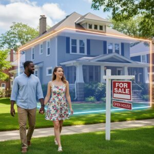 couple walking towards an open house with a for sale sign in the yard and the house has a blue and orange geofence around the house itself to represent geofence advertising Qujam